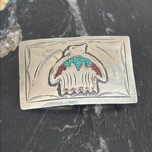 Silver Eagle Belt Buckle with Turquoise and Red Coral Accents